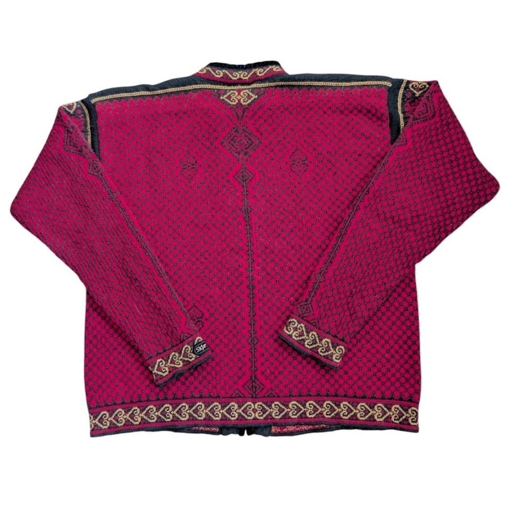 SKJÆVELAND Norway 100% Pure Wool Cardigan | Pewter Hooks | Red Nordic Heart MED - Picture 4 of 13